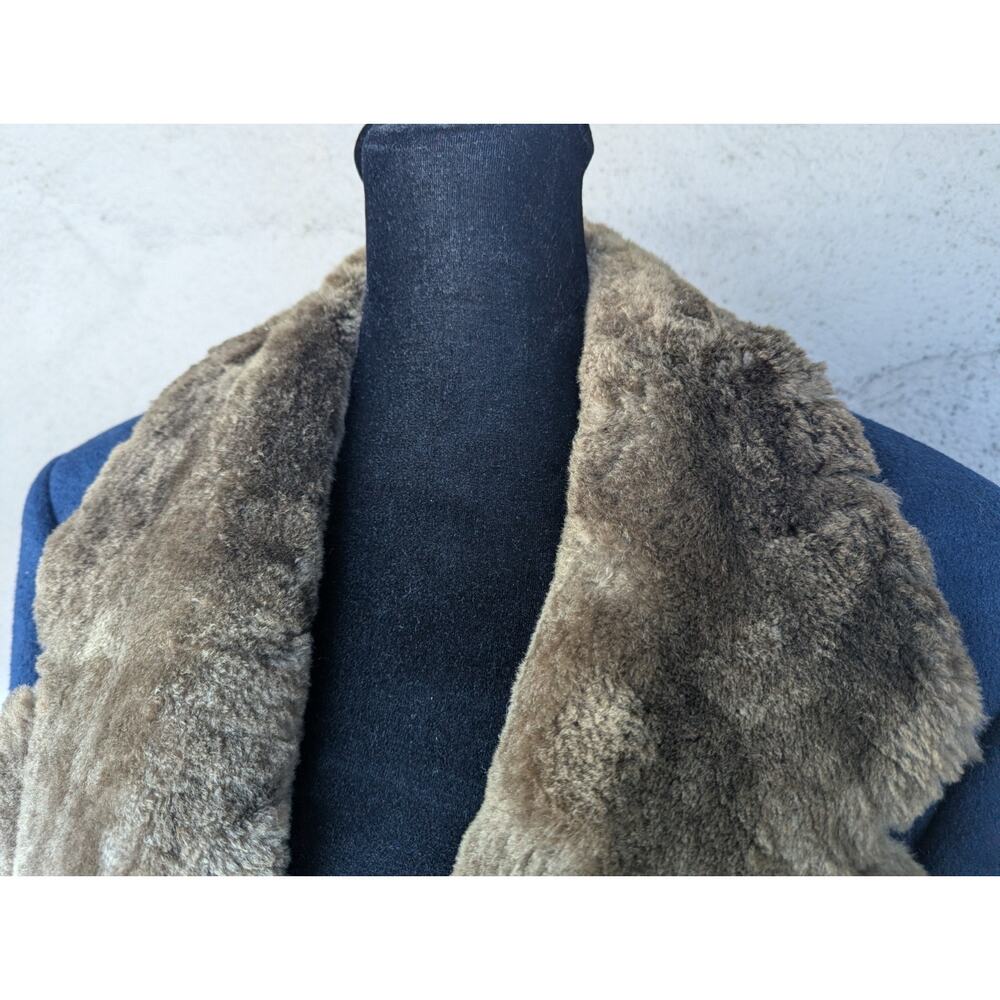 💜Perry Ellis 1980s Navy Wool Maxi Coat Faux Fur Collar - Picture 5 of 15